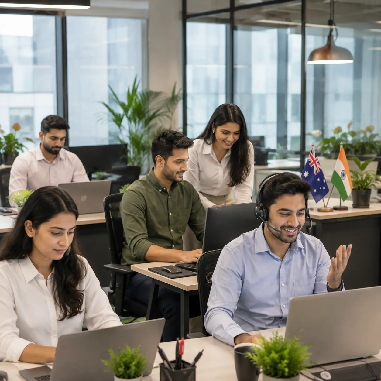 Team of dedicated remote professionals from India working in a managed office environment, ready to support Australian businesses with offshore staffing solutions